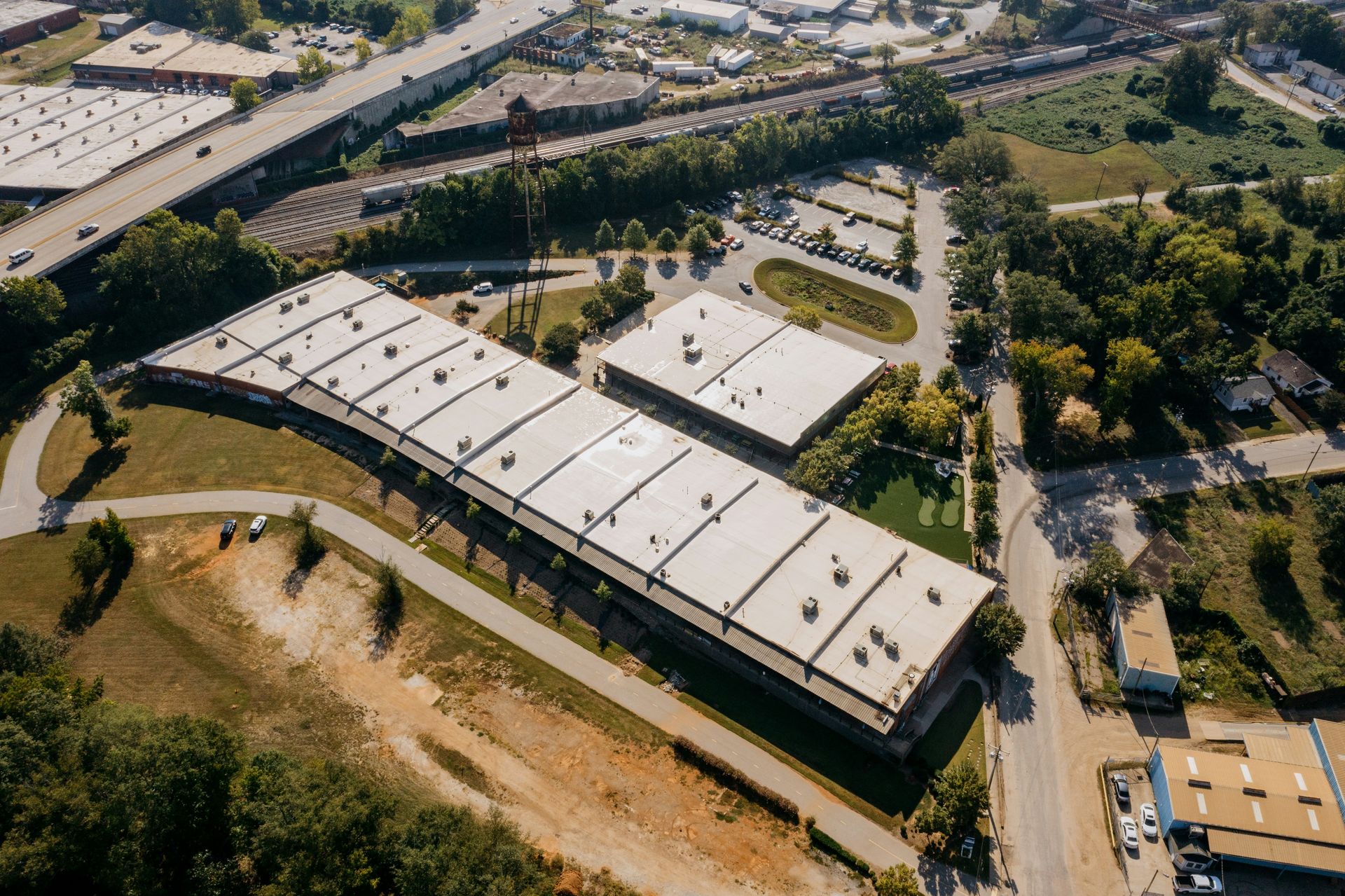 Aerial view of a modern office building complex
